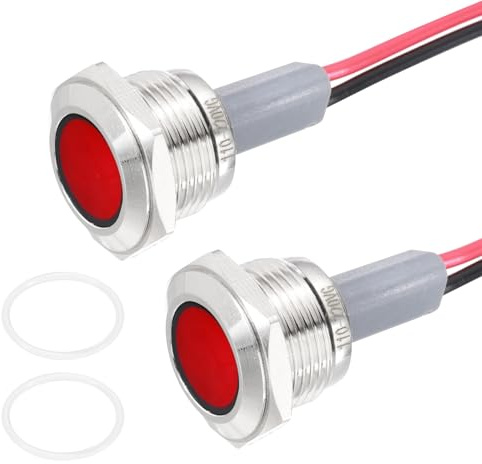 PATIKIL 2Pcs 16mm(5/8) Indicator Light,12V-24V AC/DC 20mA LED Metal Signal Lamp Waterproof IP67 Flat Head Signal Lights with 205mm(8) Cable for Boat Car,Red