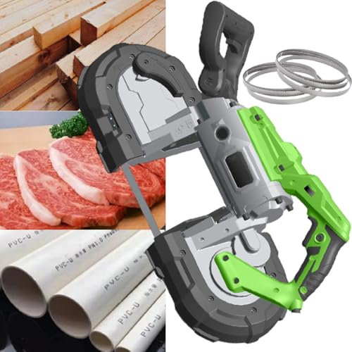 Sega a nastro portatile, potenza 1100 W, angolo regolabile a 45° con interruttore di bloccaggio, profondità di taglio 12 cm, ideale per barre in acciaio e tubi metallici, include 6 lame e base