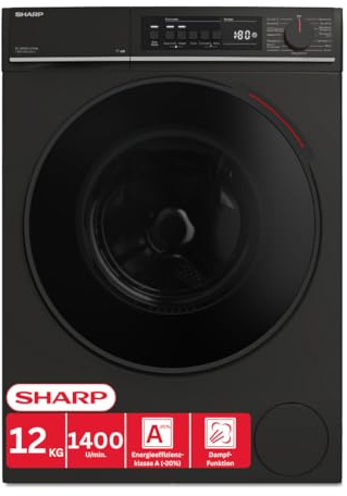 Sharp ES-WNFB214CMDA-DE Waschmaschine, 12 kg, Energieklasse A, 1400 U/min, Inverter Motor, AquaStop, WiFi App-Steuerung, Dampf-Funktion, Schnellwaschgang, Schwarz Matt