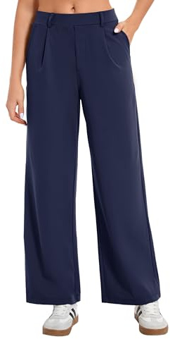 Oyamiki Womens Trousers Elasticated Waist Fashion Elegant Soft Navy Blue Office Pull on Palazzo Suit Pants with Pockets XL