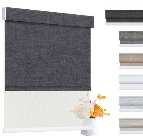 Grandekor Dual Roller Shades, Day and Night Roller BlindsCordless Double Window Shades,Blackout and Light Filtering Shades with Valance,Roller Blinds for Home Office Door,Charcoal and White 34x64