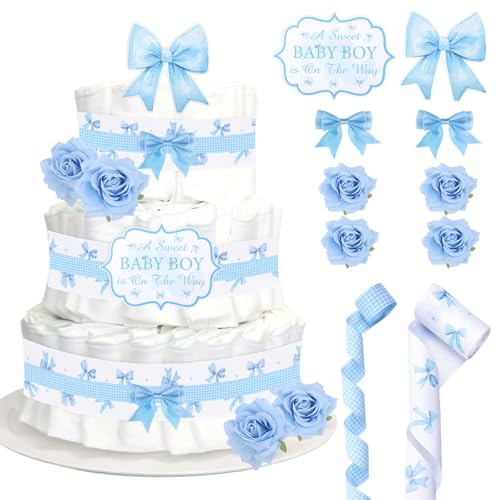 Cheerupp Blue Bow Theme Diaper Cake Decorations for Baby Shower Party, Bowknot Print Ribbon Cards Artificial Flowers Blue Bows Decor, A Sweet Baby Boy is on The Way Baby Shower Favors