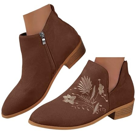 Xbemkste Bottines Chelsea pour femme avec talon et broderies rétro en daim Bottes de cheville Automne Hiver Chaussures de costume traditionnel Bottes courtes décontractées Bottes de transition, marron