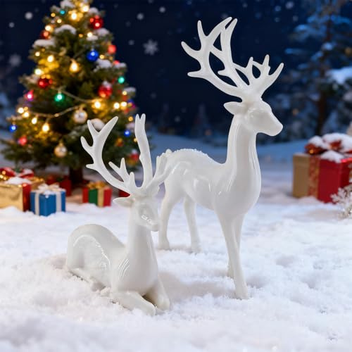 Set of 2 Reindeer Statues Christmas Decorations- Standing Sitting Deer Figurines - Elegant Small Reindeer Indoor Holiday Decor - Table Centerpieces - Ideal for Mantel Home Bedroom Office (White)