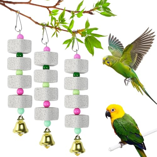 BXUUXA Juguete masticable para pájaros (3 piezas), Masticar pájaros, piedra mineral de calcio con cascabel, apto para loros, periquitos, cacatúas, agapornis y canarios