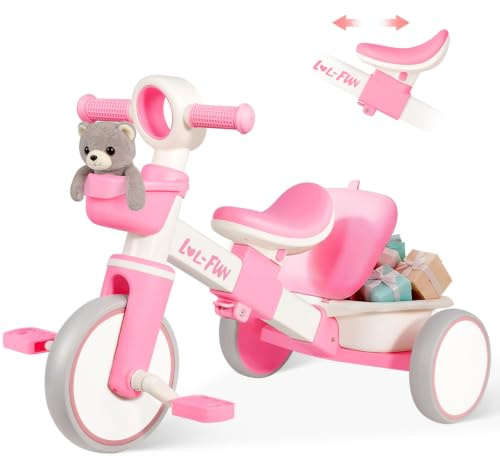 LOL-FUN Kids Tricycle for 1-3 Year Olds with Storage Baskets, Pink | Toddler Bike for Boys Girls Toys Gift, Adjustable Seat Baby Trike, Removable Pedals