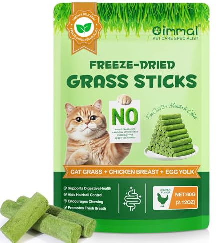 60g Katzengras Snack, Katzengras Sticks, Gefriergetrocknet Snacks für Katzen, für die Zahnpflege und Haarknäuel Entfernen, Katzenminze, mit Huhn und Fischöl, Ohne Künstliche Zusatzstoffe