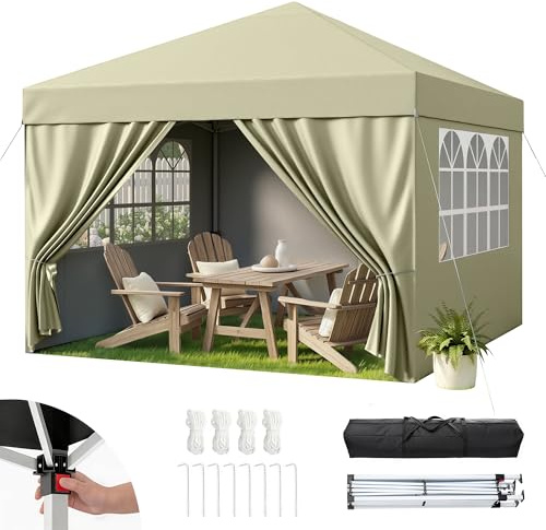 Hawthyhome Pavillon 3x3 Wasserdicht Stabil Winterfest, Faltpavillon 3x3 mit 4 Seitenteilen, Pop Up Pavillon UV Schutz 50+, Höhenverstellbar Partyzelt Gartenpavillon Für Outdoor,Beige Mit Seitenwänden