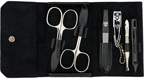 DREI SCHWERTER Germany Maniküre Set Nagelset 'Udine' - 6-tlg. aus schwarzem Kunstleder in Straussoptik, Inhalt: Nagelschere, Hautschere, Pinzette, Saphirnagelfeile, Nagelknipser, Nagelreiniger
