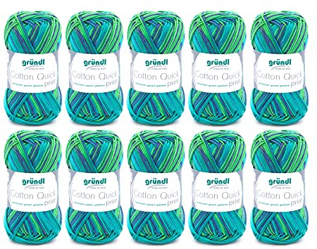 Gründl Wolle Cotton Quick print Strickgarn 10 Knäuel 50 g, Grün | dünne Wolle zum Häkeln mit Farbverlauf - Strickgarn - Glänzend und hautfreundlich - 100 % Baumwolle - 50 g / 125 m