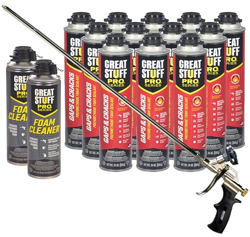 Great Stuff Pro Gaps & Cracks 24 oz Complete Kit – 12-Pack Foam Sealant with AWF PRO 2 ft Professional Spray Foam Gun & 2 Cans of Great Stuff Pro Cleaner