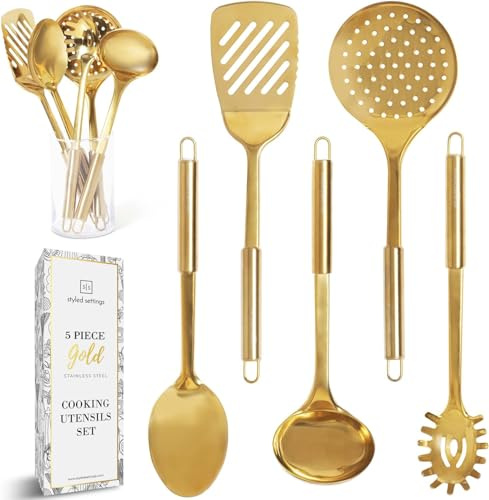 Kochutensilien aus Edelstahl gold | Servierlöffel, Spaghettilöffel, Pfannenwender, Schaumlöffel & Schöpfkelle, Küchenzubehör
