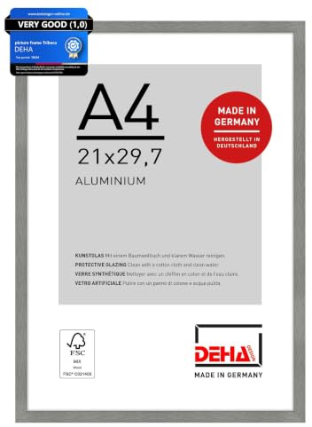 DEHA Design Aluminium Bilderrahmen Tribeca, 21 x 29,7 cm (A4), Grau | Aluminium Dokumentenrahmen im Hoch- & Querformat zum Aufhängen Grau gebürstet bruchsicheres Kunstglas