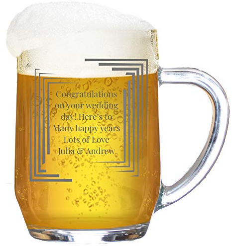 Personalised Beer Tankard ‘Modern Frame’ Engraved Glass Stein | 1 Pint Beer Mug with Protective Box | Gift for Birthday, Wedding, Anniversary | Customise with Any Message or Occasion, 590 ml