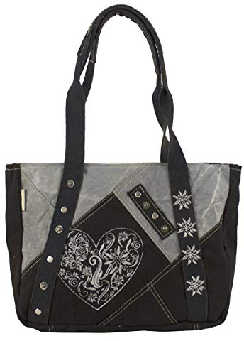 Domelo Trachten Handtasche. Schwarze Schultertasche mit Herzmotiv. Große Damen Oktoberfest Tasche. Shopper Trachtentasche mit Reißverschluss