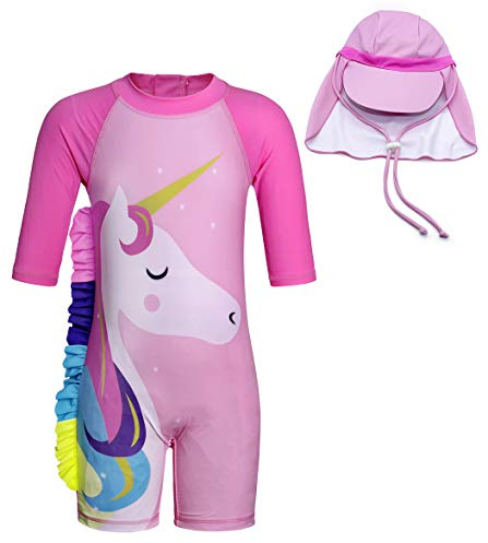 Girls Swimming Costume Kids 1-Piece UV Protection Swimsuit Sun Cap 2-7Y | Girl's One Pice Swimwear Rash Guard Summer Beach Holiday Poolside Party Sun Protection Swim Wear Wetsuit