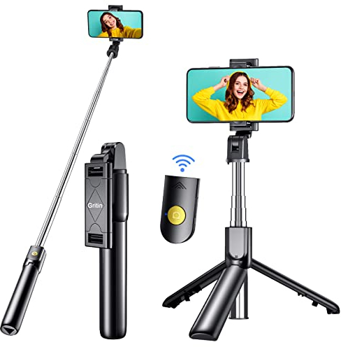 Gritin Selfie Stick, 4 in 1 Bluetooth Selfie Stick Tripod, Extendable and Portable Phone Tripod with Detachable Wireless Remote & Stable Stand, Compatible with iPhone/Galaxy etc.