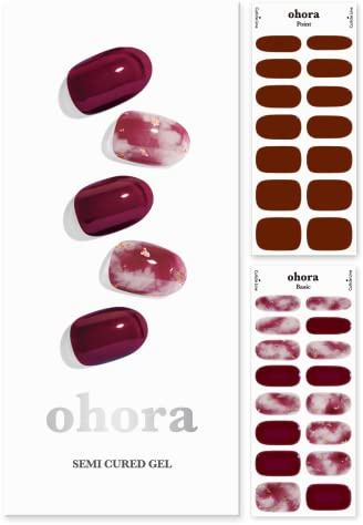 ohora Semi Cured Gel Nail Strips (N Mulberry) - Red, Ombre, Works with Any UV/LED Lamps, Salon-Quality, Long Lasting, Easy to Apply & Remove - Includes 2 Prep Pads, Nail File & Wooden Stick