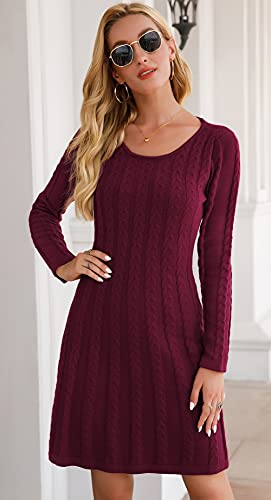 Neitooh Damen Strickkleid Pulloverkleid Elegant Winterkleider Langarm Einfarbige Rundkragen Minikleid Winter Langarm (Wein rot, L)