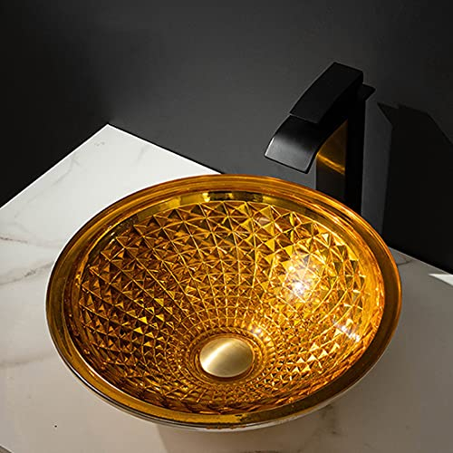 DRSM Künstlerisches Waschbecken, Waschbecken Aus Gehärtetem Glas, Art Aufsatzwaschtisch, Mit Wasserhahn Im Passenden Stil, Kupferner Pop Up Abfluss,B