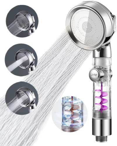 High Flow Shower Heads, 3 Modes Shower Heads Supercharged with Spray, Showerhead Built-in turbine to Clean Tub, Tile & Pets, Water Saving Shower with ON/OFF Switch