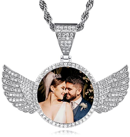 INBLUE Personalisierter Hip-Hop Erinnerung Foto Halskette Anhänger Text Gravierter für Männer Frauen Kupfer Engelsflügel Runde & Herz Medaille Tennis Seil Kette Schmuck Geschenk
