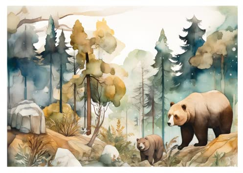 Papel Pintado Infantil Habitación Bosque Animales Oso Pastel - Incluye Pegamento - Fotomurales Pared Tejido No Tejido Decorativos Murales Fotográfico XXL Moderno Decoración de Paredes (104x70 cm)