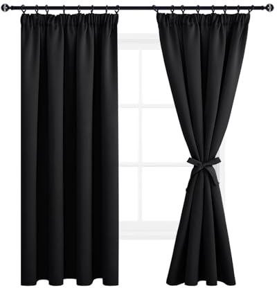 DWCN Blickdichte Gardinen Verdunkelungsvorhänge mit Kräuselband Raumteiler | Schwarz 200x140cm(HöhexBreite) 2er Set, übergardinen Thermovorhang Schlafzimmer Schallschutz Extra Warm mit Vorhang-Krawatten