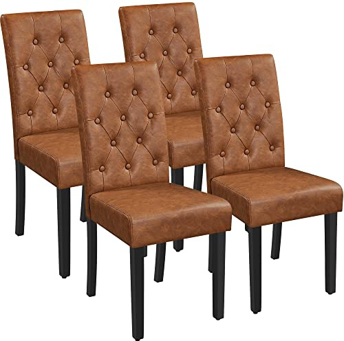 Yaheetech Modern Dining Chairs Set of 4 Kitchen Chairs Faux Leather with Solid Wood Legs Button Tufted Backrest for Dining Room and Home, Retro Brown