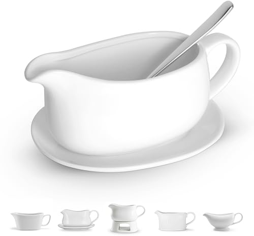 Kook Gravy Boat & Saucer, Ceramic Serving Dish, Dispenser with Tray for Sauces, Dressings and Creamer, Large Handle, Microwave and Dishwasher Safe, White 23.8 oz (Gravy Boat with Spoon)