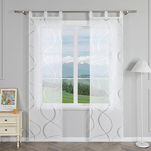 Delien Schiebevorhänge 2er Set Ausbrenner Schiebe Flächenvorhänge mit Wellen Muster Transparente Vorhang Modern Wohnzimmer Gardinen Fenster Schals mit Schlaufen BxH 57x225cm,Weiß