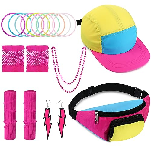 Cindeer 80er Jahre Outfit Kostüm Accessoires für Damen Neon Kappe Gürteltasche Stulpen Kette Set für Retro 90er Party (Rosa)
