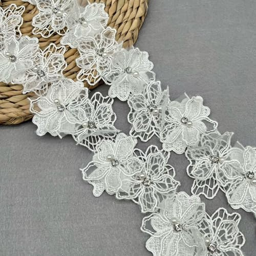 2 meter blomma pärla spetskant trimband 8 cm bred trimning tyg broderad applikation sömnad hantverk bröllop brudklänning utsmyckning fest dekoration - vit