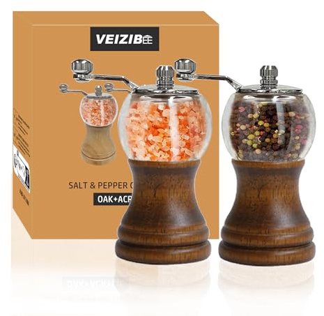 VEIZIBEE Gewürzmühle Pfeffermühle & Salzmühle 2er 5zoll Set, Klassisches Geröstetes Schwarzes Manuelles Pfeffermühlen Gewürzmühle Verstellbarem Keramikmahlwerk Kunststoff Chilimühle