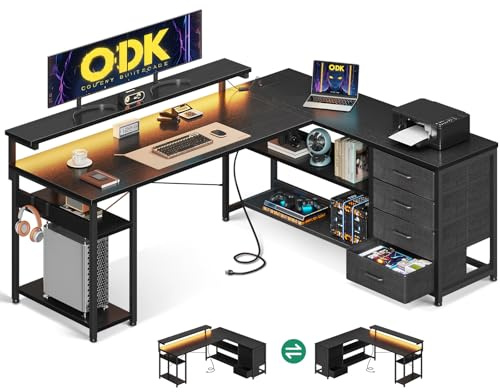 ODK L Shaped Corner Desk with Drawers, Power Outlet & LED Lights, 155×110cm