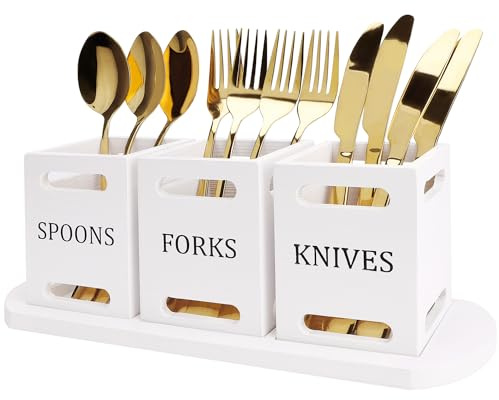 Ayiaren Wooden Flatware Silverware Caddy for Party White Cutlery Holder Small Utensil Holders for Kitchen Counter Wood Silverware Organizer Countertop Knife Fork and Spoon Holder Table Utensil Caddy
