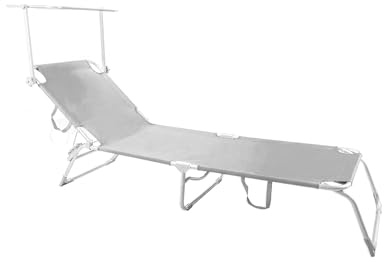 Tumbona Plegable con Parasol – Tumbona de Playa Ajustable, Estructura de Aluminio y Cubierta de textileno, Ideal para Playa, Piscina y jardín, 196 x 58 x 25 cm, Blanco