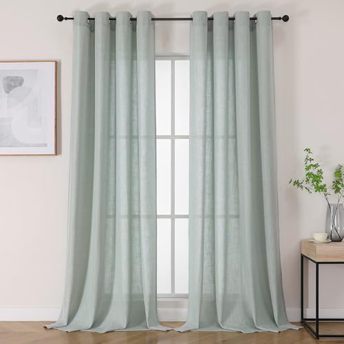 Joydeco Leinen Vorhänge Halbtransparent Wohnzimmer mit Ösen Gardinen Stores Leinenoptik Vorhang Modern Boho Ösenvorhang Ösenschal 2er Set 245x132cm (HxB) Graugrün Curtains für Schlafzimmer