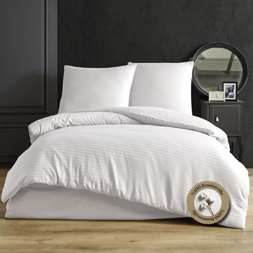nordqueen Satin gestreift Bettwäsche,100% Baumwolle Bettbezug aus Atmungsaktive Winter Bettwäsche Set (Weiß, 135X200 cm)
