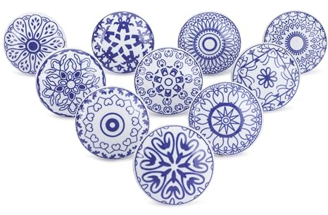 Ajuny Juego de 10 Pomos de Cerámica Azul y Blanco Estampados – Tiradores Decorativos para Armarios y Cajones de Cocina y Baño, Cómoda, Aparador y Muebles