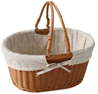 Imitation Rattan Picknickkorb Poly Weide Handgewebt Einkaufskorb Weide Geschenkkorb Handgewebter Korb Hochzeit Blumenmädchen Körbe mit Klappgriffen (Oval, L)
