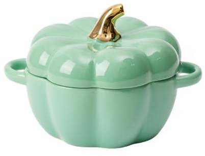 AVEKI Graziosa ciotola in ceramica a forma di zucca, con coperchio, adatta al microonde e alla lavastoviglie, per dessert o zuppe con manico, decorazione per feste di zucca di Halloween del