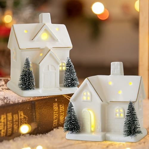 Xevinas Weihnachtsdeko Porzellan Häuser Weiß, Weihnachtshaus Beleuchtet Lichthaus Keramik, Lichthaus Weiss Weihnachtsdorf Mit Batteriebetriebenen LED Leuchten Weihnachten (E+F)