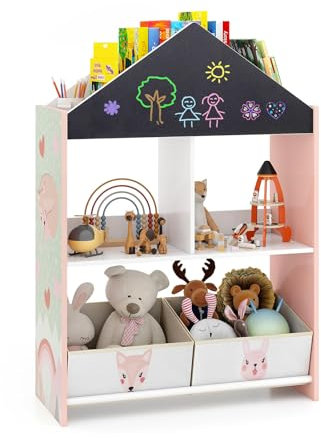 RELAX4LIFE Libreria per Bambini, Libreria in Legno a Forma di Casa delle Bambole con Lavagna, Whiteboard, Scomparti e 2 Cassetti in Tessuto, Organizzatore per Libri e Giocattoli (ROSA)