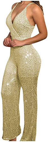 Overall Damen Elegant Pailletten Hosenanzug Jumpsuit Glitzer Party Casual Playsuit Festlich Langarm Romper Lang Einteiler Hohe Taille Jumpsuits Clubwear