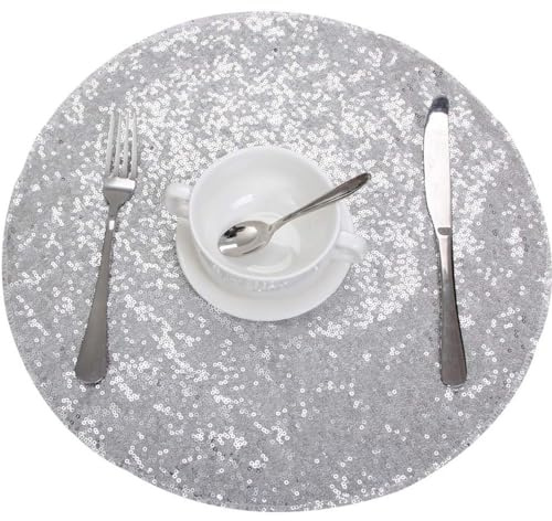 Anevous 4 Stück Rund Pailletten Platzset, 33cm Abwaschbar Tischsets, Dekorative Platzdeckchen Deckchen, Esstisch Tischunterlage für Hochzeit Party Bankett Zuhause Tischdekoration,Silber