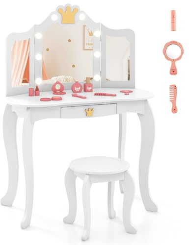 LIFEZEAL tavolino da toilette per bambini, tavolino da trucco con sgabello per bambine, tavolino da toilette, con luce LED, 8 lampadine e specchio pieghevole, set tavolo e sedia con cassetto (bianco)
