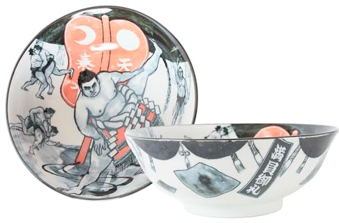 Mino ware - Juego de dos cuencos de cerámica japonesa para ramen y fideos Donburi (juego de dos) fabricado en Japón KND20 (Sumo)