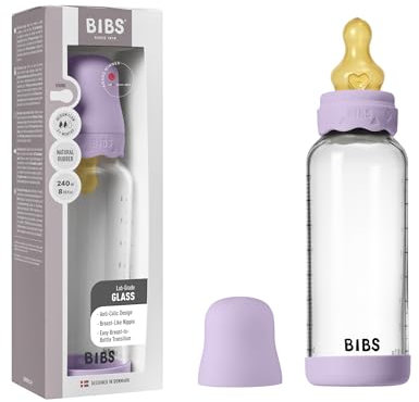 BIBS Boheme Baby Glass Bottle 8 oz /240 ml. Anti-Colic. Round Natural Rubber Latex Nipple. Supports Natural Breastfeeding - Violet Sky