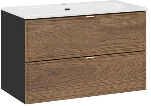 Lomadox Badezimmer Waschtisch 80 cm in Eiche und schwarz, hängend mit 2 Schubladen, Einbauwaschbecken weiß